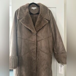 Via Spiga Dark Taupe Faux Fur SB Notch Collar Coat NWT